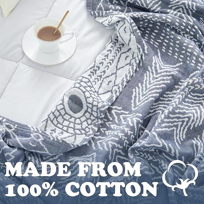 JINCHAN Boho 100% Cotton Muslin Blanket 3-Layer Twin Size Geometric Lightweight Reversible Soft Cozy Throw for Couch Sofa Bed All Season Coverlet Ideal Gift Bedroom Living Room Decor Blue 60x80 Inches