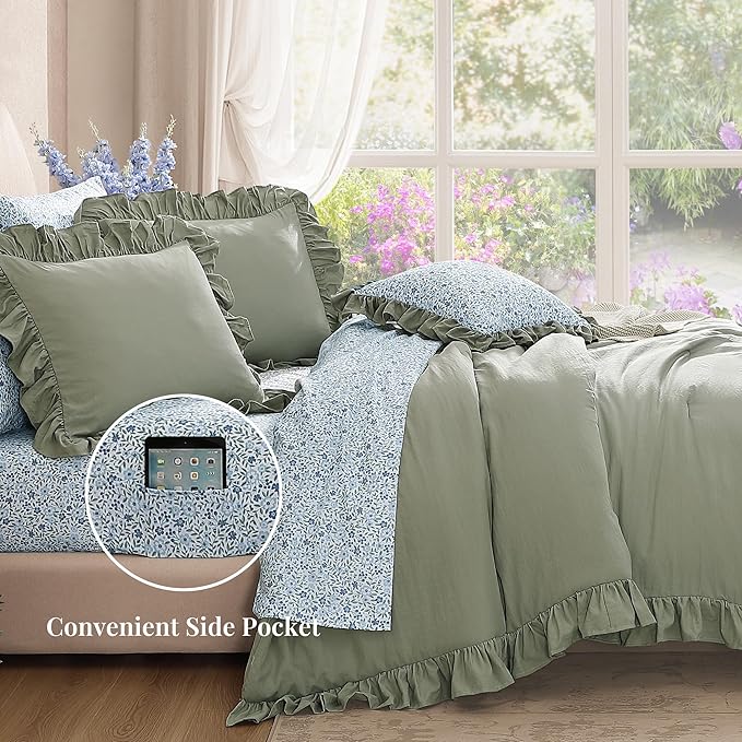 King Comforter Set - 7 Pieces Ruffle Sage Green Bedding Sets, Shabby Chic Farmhouse Bed in a Bag King with Ruffle Comforter, Floral Sheets, Pillowcases & Shams