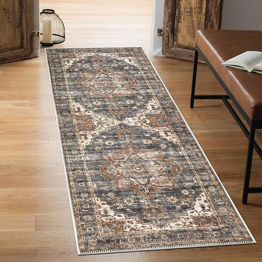 Keen Home Design 2x10 Rug - Machine Washable Runner with Non-Slip Backing, Ideal for Hallway, Entryway, Kitchen, Laundry Room - Vintage, Easy Clean, Durable, Low Pile Rug - (2'6" x 10')