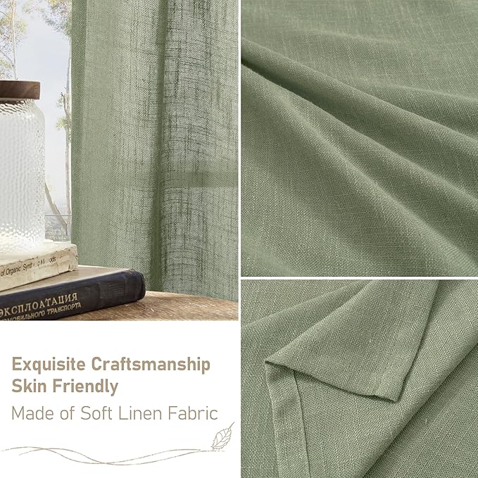 LAMIT Short Linen Curtains 40 inches Long for Small Window, Bronze Grommet Linen Drapes Light Filtering Sheer Window Curtains for Kitchen/Cafe, 2 Panels (34 x 40 Inch, Sage Green)