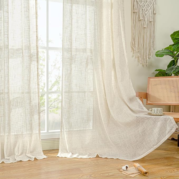 LAMIT Sheer Linen Curtains for Living Room 95 inch Long 2 Panels, Light Filtering Natural Curtains Bronze Grommet Linen Textured Neutral Boho Drapes for Bedroom Farmhouse, 52 x 95 Inch