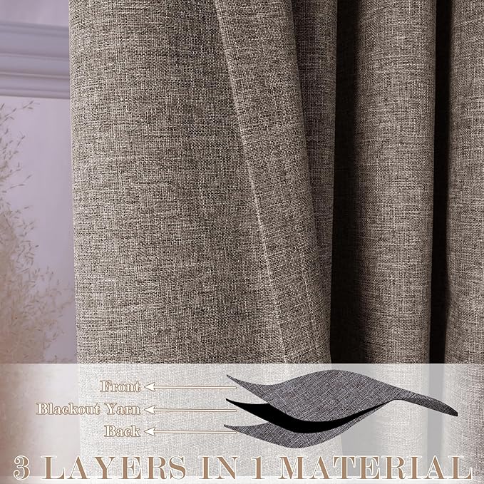 Extra Wide 100% Blackout Linen Textured Curtains - Room Dividers, W200 x L96 (1 Panel), Pinch Pleat Drapes for Living Room, Full Light Block Out Drapery for Sliding Door, Light Coffee