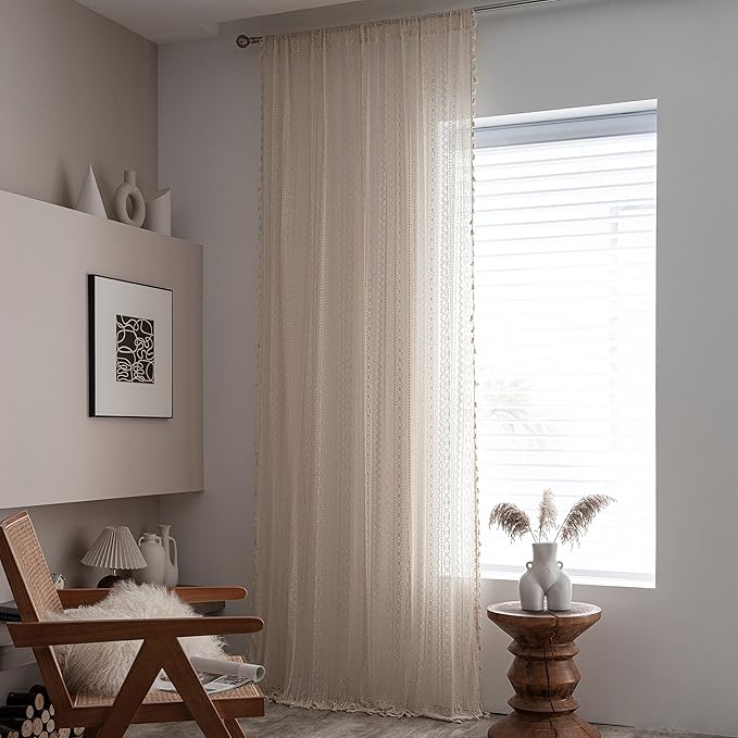 Sutuo Home Crochet Boho Curtain 63 Inches Length, Sheer Lace Handmade Tassels Knitted Window Treatment Vintage Rustic Bohemian Farmhouse Drape for Bedroom Rod Pocket 1 Panel 59" W x 63" L, Beige Wave
