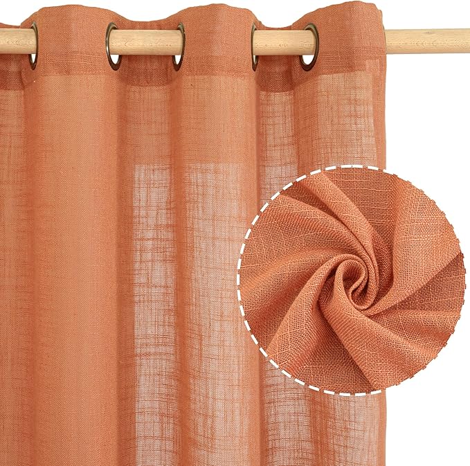 LAMIT Burnt Orange Linen Curtains 40 Inches Long for Windows, Bronze Grommet Semi Sheer Privacy Panels Light Filtering Boho Farmhouse Neutral Drapes for Bedroom/Living Room, 34 x 40 Inch, 2 Panels