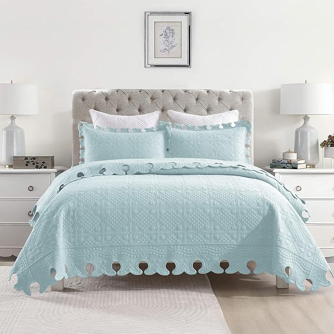 MarCielo 3-Piece 100% Cotton Oversized Bedspread Lightweight Quilt Coverlet Embroidery Farmhouse Bedding Set (TW Mint Green Blue, Oversized Queen (100"x106"))