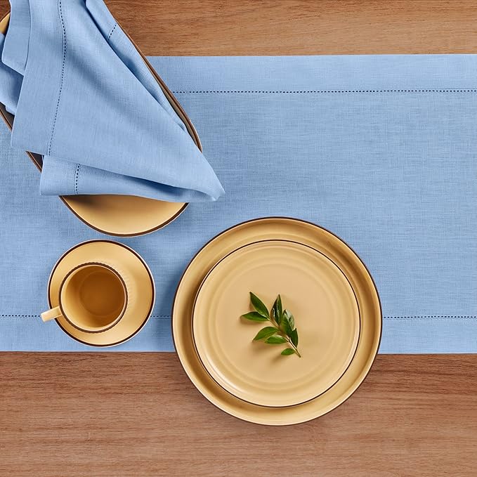 Solino Home Linen Cornflower Blue Table Runner 90 Inches Long - 100% Pure Linen Hemstitch 14 x 90 Inch Table Runner for Dining - Classic Hemstitch