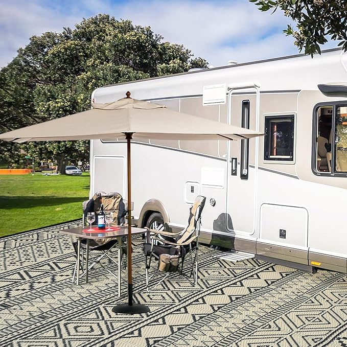 GAOMON Outdoor Rugs Patio Camping Waterproof Rug 6'x9' Plastic Straw Patio Rug Portable for Campers, Outside RVs Mat for Patios Clearance, Backyard Porch, Balcony, Black/Coffee(Bohemia)
