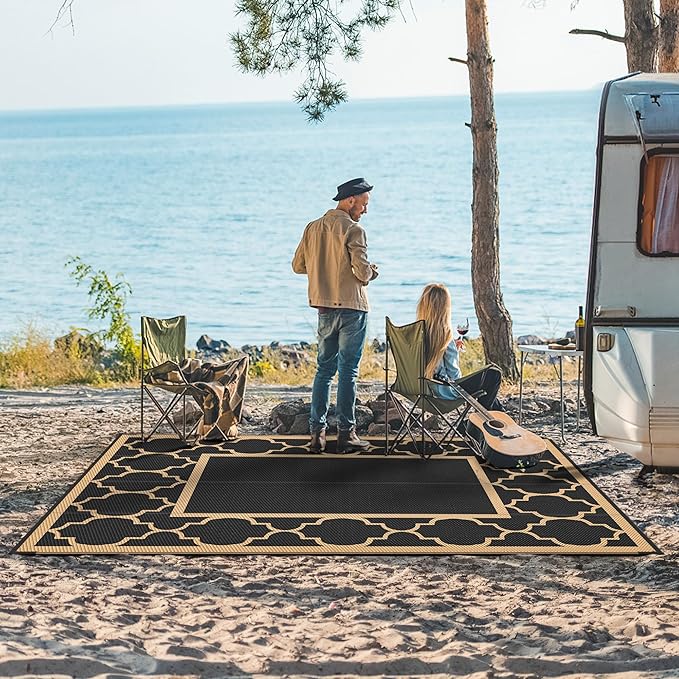 GENIMO 5' x 8' Outdoor Rug Waterproof for Patio Decor, Foldable Reversible Plastic Straw Area Rugs Mat for Camper, Outside Carpet for Rv, Deck, Porch, Picnic, Beach, Balcony, Black & Brown