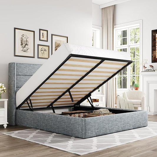 Allewie Queen Size Lift Up Storage Bed, Modern Wingback Headboard, Hydraulic Support, No Box Spring Needed, Grey Blue