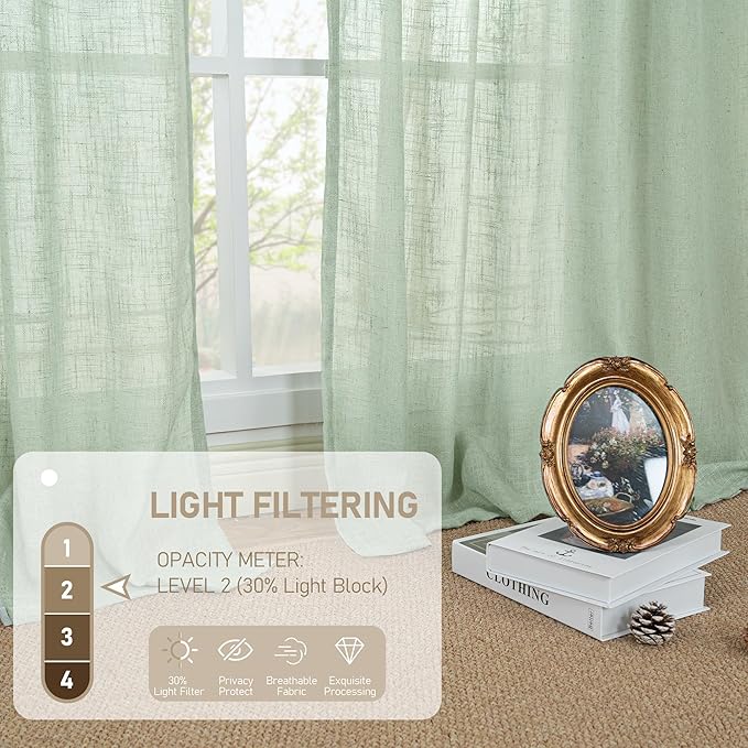 LAMIT Linen Curtains 48 Inch Length 2 Panels, Light Filtering Panels Bronze Grommet Neutral Drapes for Kitchen/Window/Loft Room/Bedroom, 34 x 48 Inch, Fresh Green