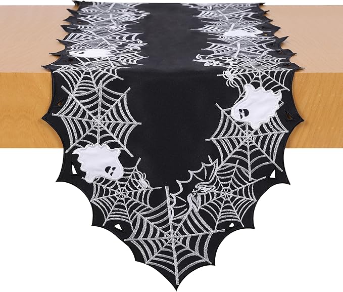 Chlophy Halloween Table Runner Black Spider Web Table Runner Gothic Embroidered for Kitchen Dining Halloween Décor Home Party Table Decoration 72in