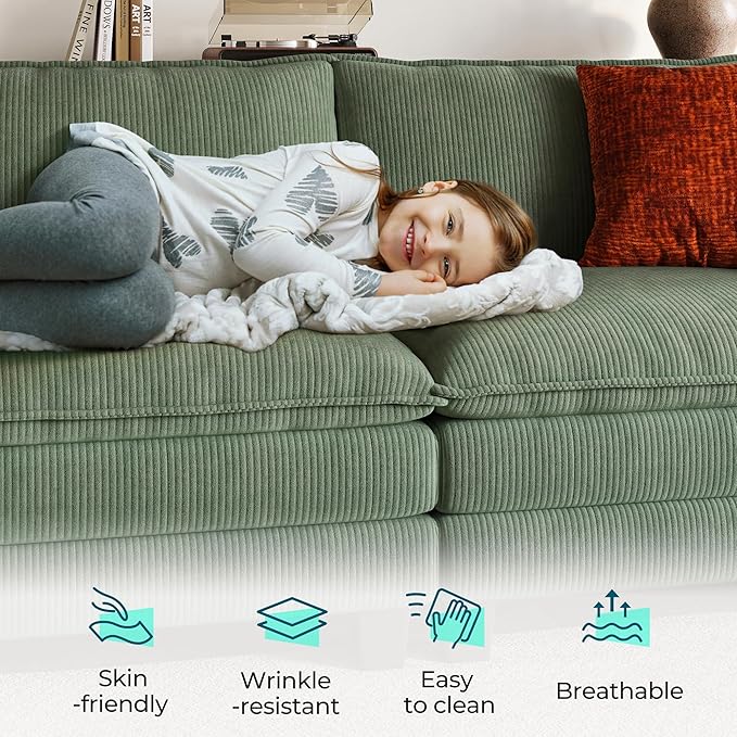 LINSY HOME Modular Sectional Sofa - 157'' Oversized Corduroy Cloud Couch U Shaped Couch with Movable Ottoman Soft Modern Comfy Sofa for Living Room Apartment Office, Green