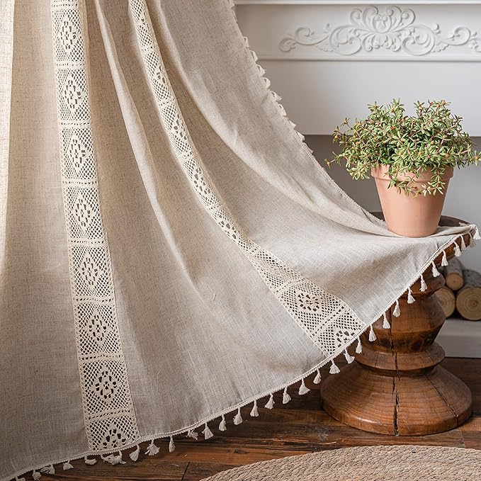 Sutuo Home Boho Linen Curtains for Kitchen Bedroom, Bohemian Semi Sheer Crochet Hollow Lace Patchwork with Textured Fabric Vintage Chic Handmade Tassels Rod Pocket Window Drapes, 59"W x 63"L, 1 Panel