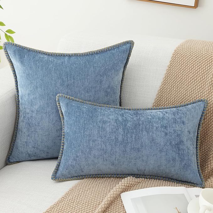 decorUhome Chenille Soft Throw Pillow Covers 26x26 Set of 2, Farmhouse Velvet Neutral Decorative Euro Pillow Covers with Stitched Edge for Couch Sofa Bed Home Decor, Blue