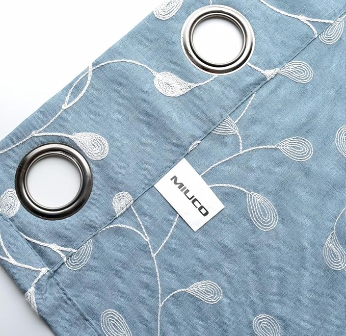 MIUCO Floral Embroidery Semi Sheer Curtains Faux Linen Grommet Curtains for Bedroom 52 x 63 Inch 2 Panels, Dusty Blue