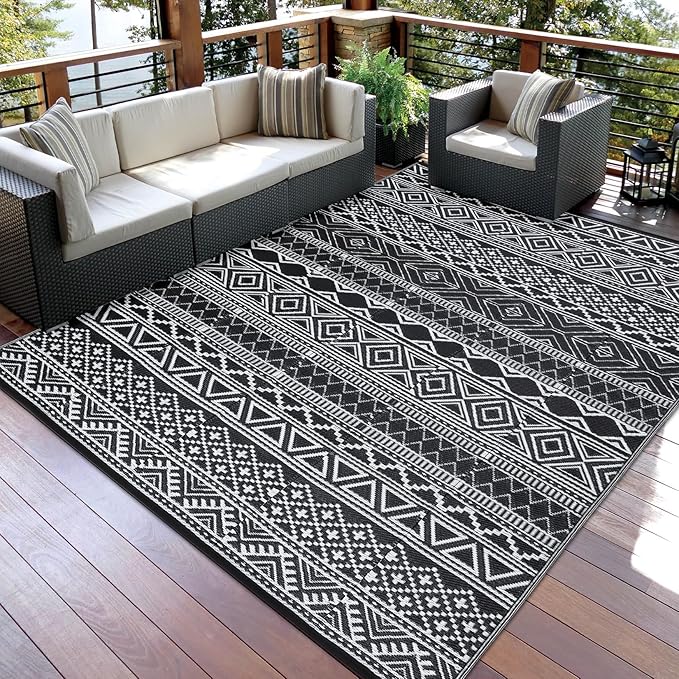 GAOMON Outdoor Rug for Patio 5'x8' Reversible Plastic Rugs Camping Mat for Outdoor, RV, Backyard, Deck, Balcony, Picnic, Beach, Black/White(Bohemia)