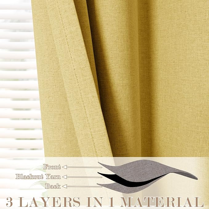 Yellow Pinch Pleat 100% Blackout Drapes Linen Blend, Room Divider, Room Darkening, Energy Saving, Furniture Protecting, Light Blocking Extra Wide Privacy Curtains, 200Wx108L, 1 PC