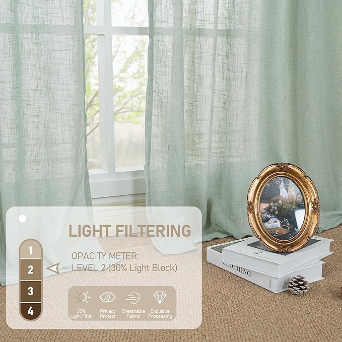 LAMIT Sheer Linen Curtains 63 inches Long for Bedroom, Bronze Grommet Linen Drapes Light Filtering Semi Sheer Curtains for Small Window/Farmhouse, 2 Panels (52 x 63 Inch, Light Sage)
