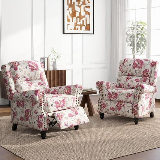 UIXE Pushback Recliner Chairs Set of 2, Fabric Armchair Push Back Accent Chair, Rivet Trim Club Chair Home Theater Overstuffed Single Sofa Reading Seat for Living Room, Pattern