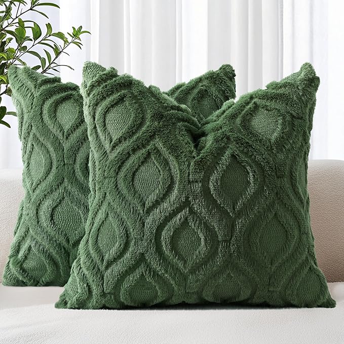 decorUhome Throw Pillow Covers 18x18 Inch Set of 2, Soft Plush Decorative Faux Fur Forest Elf Solid Couch Pillow Covers, Accent Farmhouse Neutral Square Euro Pillow Cases for Sofa Bed Living Room