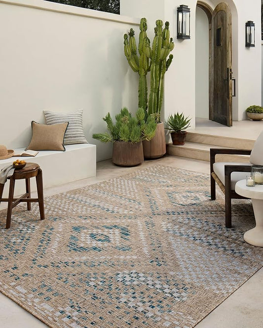Loloi Amber Lewis Topanga Collection TOP-04 Natural/Aqua 9'-2" x 12'-0" Indoor/Outdoor Area Rug
