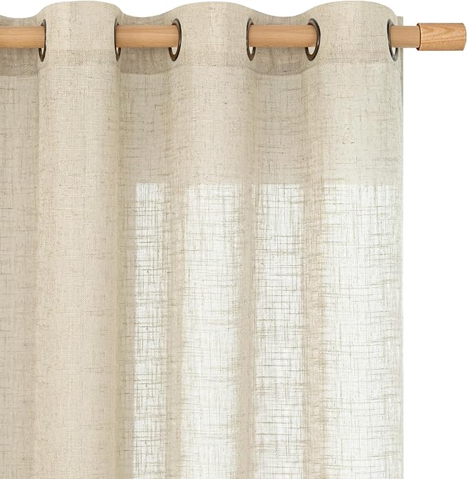 LAMIT Semi Sheer Linen Curtains for Living Room, 80 Inch Length Light Filtering Panels Bronze Grommet Faux Linen Textured Window Drapes for Bedroom/Porch, Linen, 52 x 80 Inch, 2 Panels