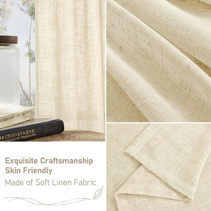 LAMIT Semi Sheer Linen Curtains for Living Room, 80 Inch Length, Light Filtering Panels Bronze Grommet Faux Linen Textured Window Drapes for Bedroom/Porch, Beige, 52 x 80 Inch, 2 Panels