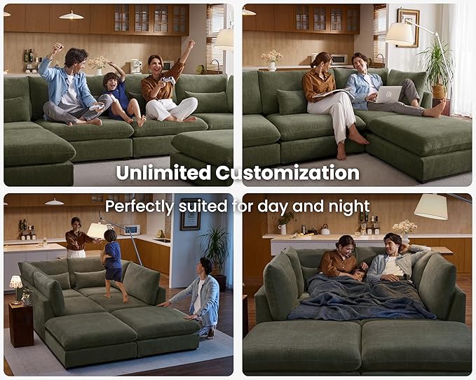 Oversized Modular Sofa, Extra Deep Cloud Chenille Sectional Couch with Ottoman Chaise, Fluffy Chenille Corner V Shape Sofa for Living Room, Villa (Corner V Shape+Ottoman, Chenille Green)