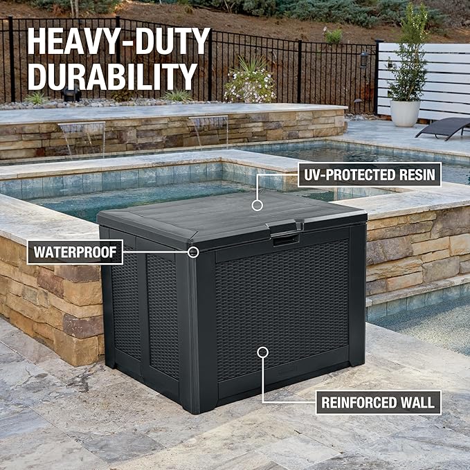 Rubbermaid Medium Resin Outdoor Storage Deck Box (74 Gal), Weather Resistant, Black, Deck Organization for Home/Backyard/Pool Chemicals/Toys/Garden Tools/Porch/Patio Cushions