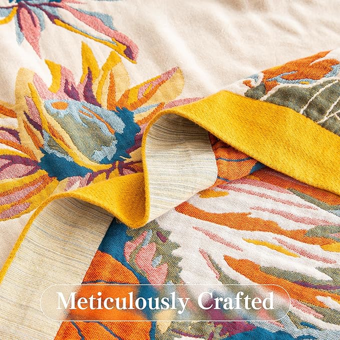 Boho Throw Blanket Throw Size, Soft Cozy Cotton Muslin Quilt Blanket for Bed Decor, Floral Patterned Couch Sofa Chair Cover, Vintage Farmhouse Cottage Tapestry Woven Blanket, Yellow&Blue