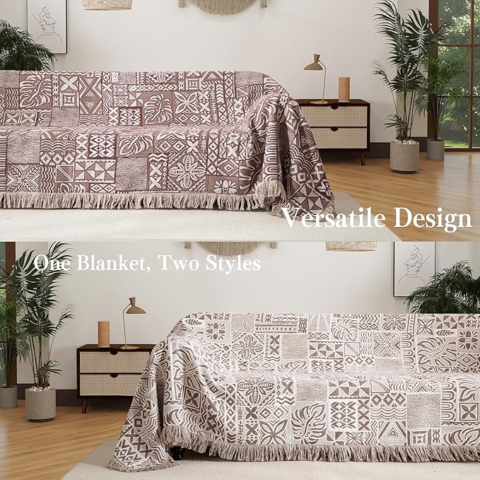Boho Throw Blanket Twin Size, Soft Cozy Cotton Muslin Quilt Blanket for Bed Decor, Patchwork Block Couch Sofa Chair Cover, Vintage Farmhouse Cottage Tapestry Woven Blanket, Brown&White