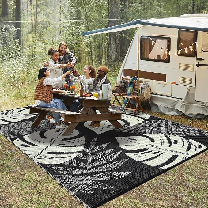 GAOMON Waterproof 8x10 Outdoor Rug Reversible Plastic Straw Rug Modern Patio Carpet, Foldable Lightweight RV Camping Mat with Portable Bag & 4 Stakes, UV Resistant & Sturdy for Picnic, Beige
