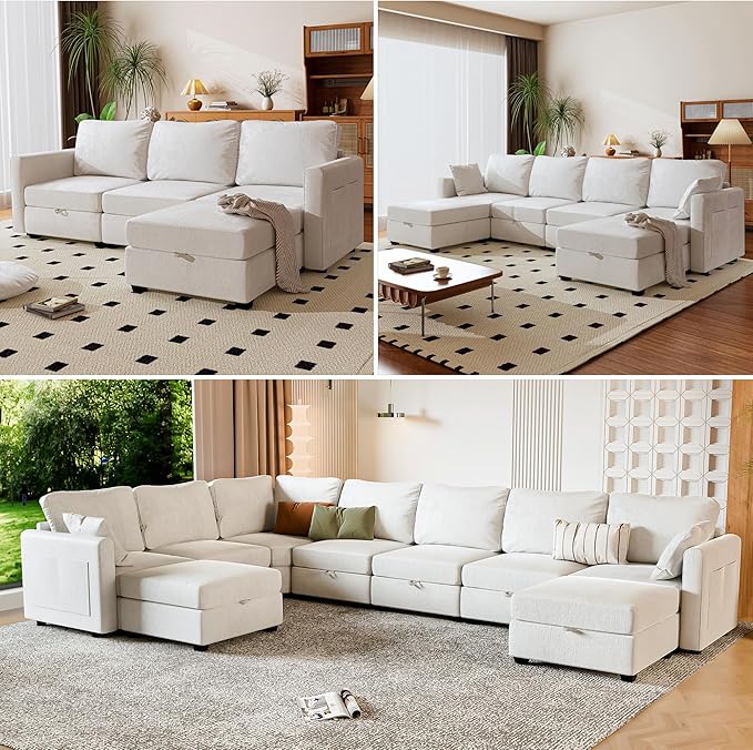mestyl Modular Sectional Sofa Convertible Sofa Couch Set with Storage for Living Room, Modern 7 Seater Modular Sectional Couch with 2 Movable Ottoman (Beige)