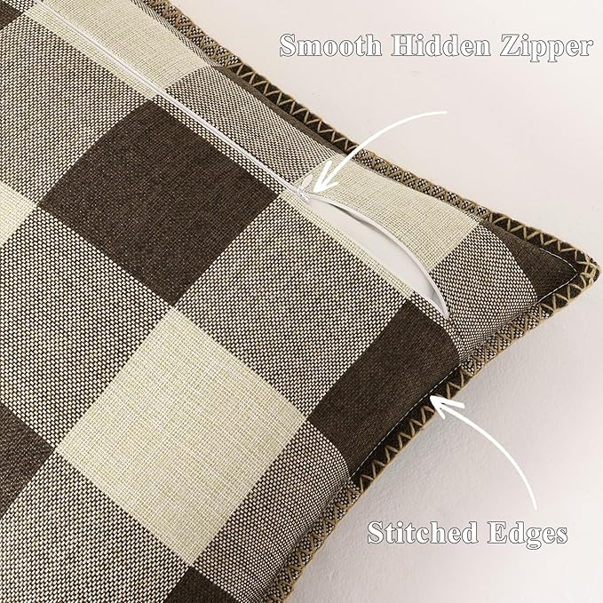 decorUhome Buffalo Plaid Check Throw Pillow Covers 20x20 Set of 2, Outdoor Decorative Farmhouse Neutral Pillow Covers with Stitched Edge for Bed Couch Sofa, Brown and Beige