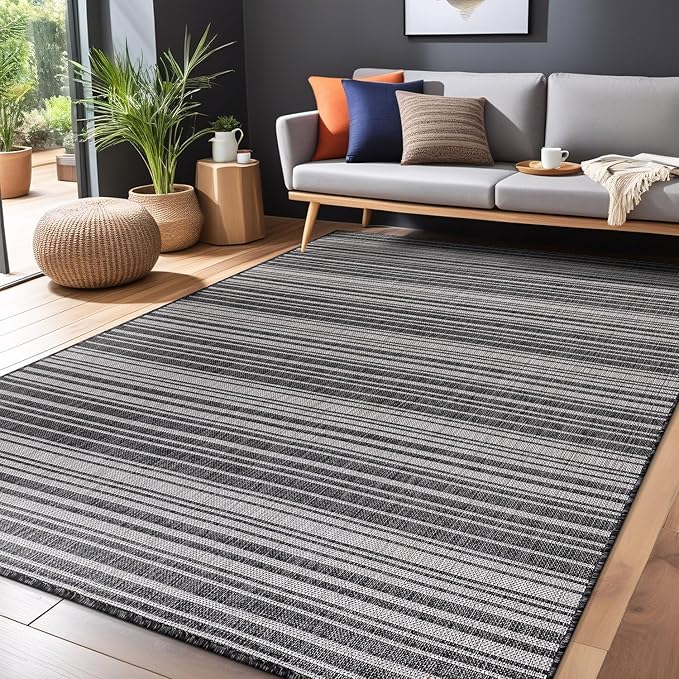 Stripe Outdoor Rug 6x9 Washable Outside Carpet for Indoor Patio Porch Waterproof Easy Cleaning Non Shedding Area Rugs Dark Gray 6 x 9