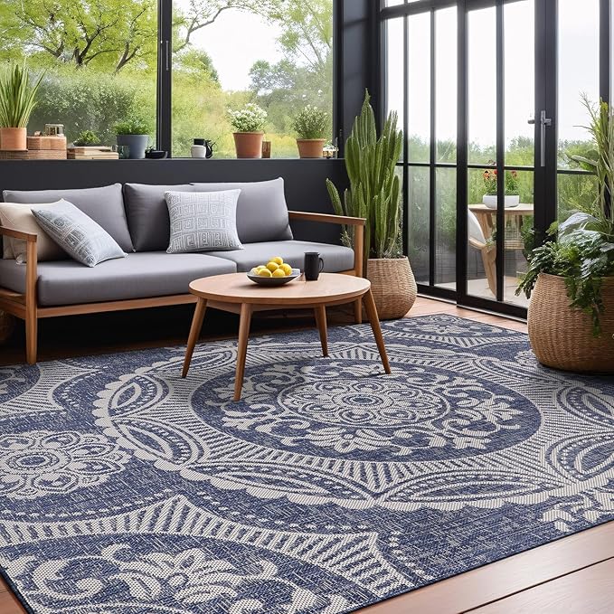 Medallion Outdoor Rug 5x7 Washable Outside Carpet for Indoor Patio Porch Waterproof Easy Cleaning Non Shedding Area Rugs Blue 5 x 7