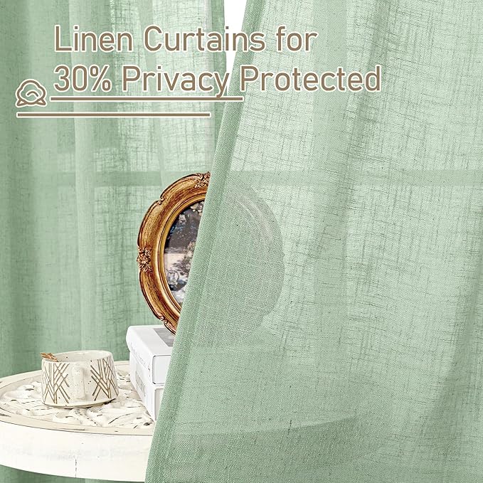 LAMIT Semi Sheer Linen Curtains 45 Inches Long, Light Filtering Panels Bronze Grommet Neutral Drapes for Kitchen/Window/Bedroom, Fresh Green, 2 Panels, 52 x 45 Inch
