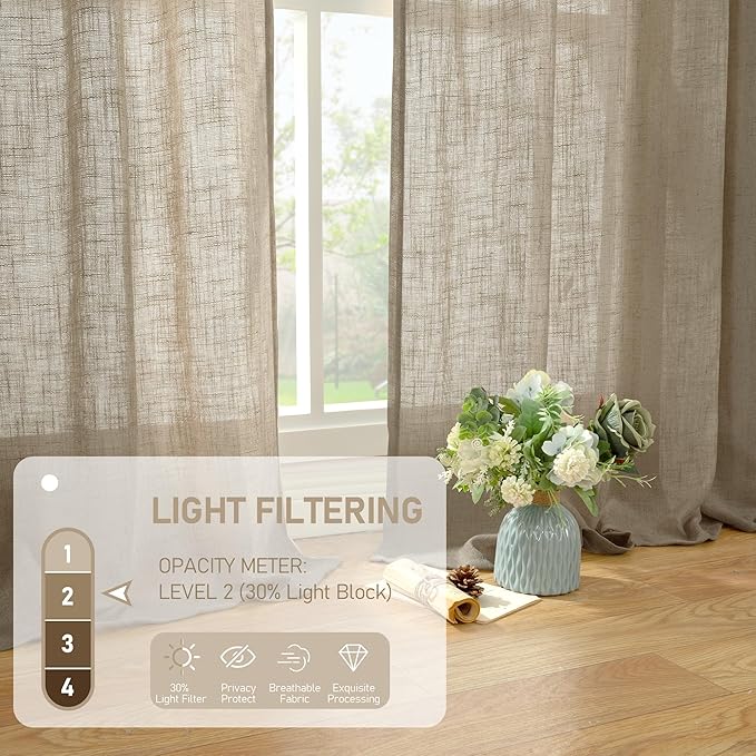 LAMIT Semi Sheer Linen Curtains 45 Inches Long, Light Filtering Panels Bronze Grommet Country Decor Drapes for Bedroom/Window/Farmhouse, Taupe, 2 Panels, 52 x 45 Inch