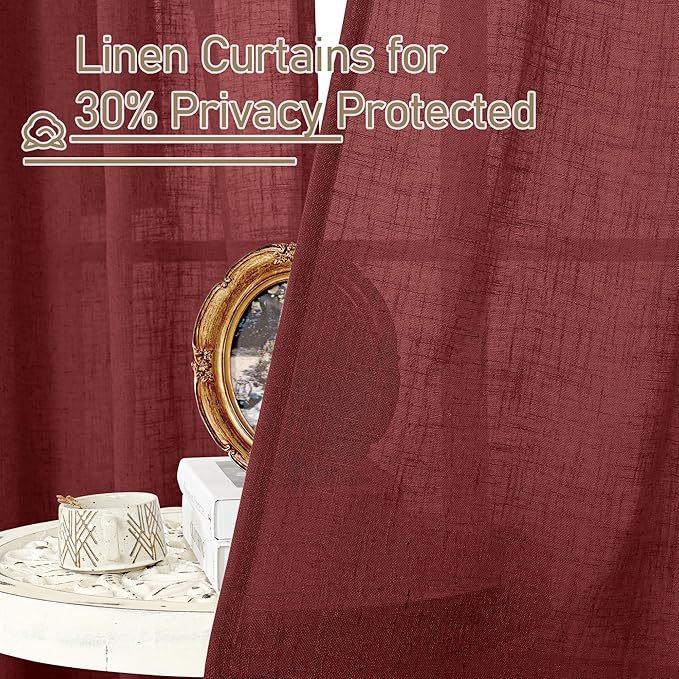 LAMIT Burgundy Red Linen Curtains 72 Inch for Living Room, Bronze Grommet Linen Textured Christmas Curtains Light Filtering Drapes for Bedroom/Dining Room, Set of 2, 52 x 72 Inch
