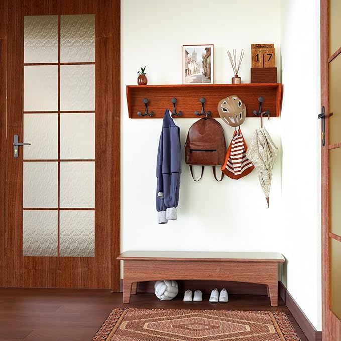 SKOLOO Wall Shelf with Hooks, 24-Inch Cherry Coat Rack Wall Mount with Shelf Organizer - Lightweight & Sturdy, 5 Tri Hooks - Perfect for Entryway, Hallway, Living Room, Bedroom, Mudroom