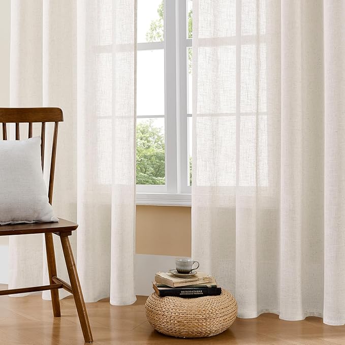 Joydeco Light Filtering Curtains 108 Inch Length for Bedroom, Linen Curtains 108 Inch Length 1 Panel Set for Living Room，White Semi Sheer Drapes 108 Inches Long with Rod Pockets