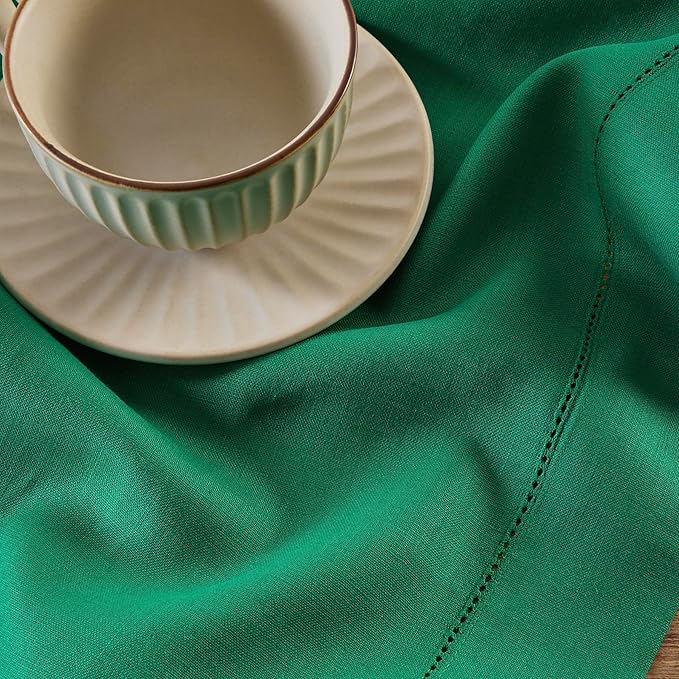 Solino Home Linen Emerald Green Hemstitch Table Runner 36 Inches - 100% Pure Linen Small Table Runner 14 x 36 Inch Ideal for Dresser and Coffee Tables - Classic Hemstitch