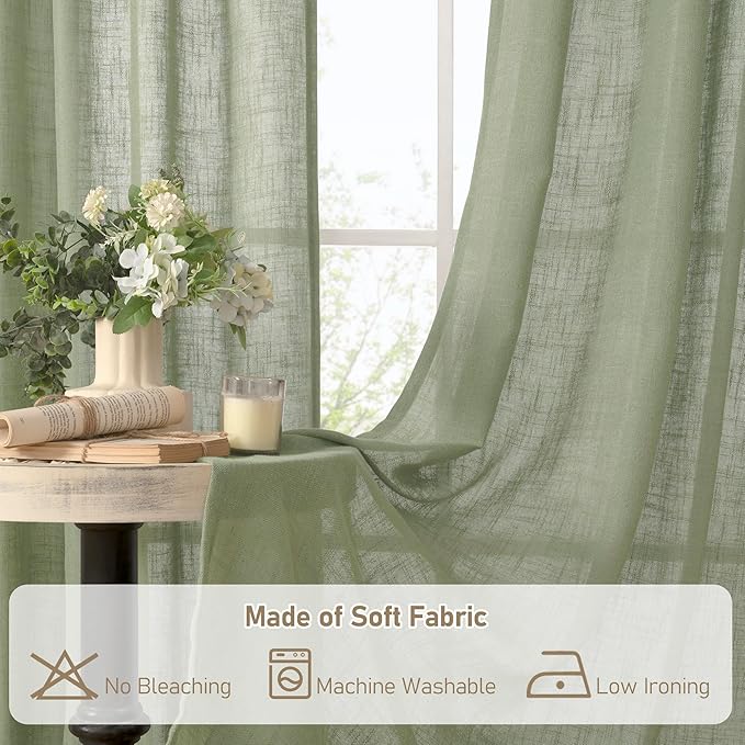 LAMIT Living Room Linen Curtains 90 Inch for Bedroom, Bronze Grommet Linen Textured Sheer Curtains Light Filtering Burlap Drapes for Farmhouse, 2 Panels, 52 x 90 Inch, Sage Green