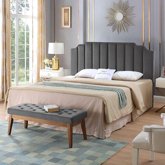 24KF Dark Gray Velvet Tufted King Upholstered Headboard, Modern Vertical Channel Design California King Headboard with Stepped Silhouette Top Edge,Dark Gray