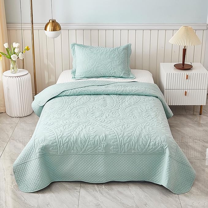 MarCielo 3-Piece 100% Cotton Oversized Bedspread Lightweight Quilt Coverlet Embroidery Farmhouse Bedding Set T0 (Aruba Blue, Twin (68"x86"))
