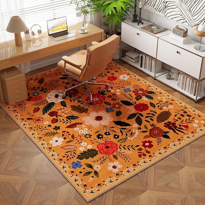 Bedroom Rug 3x5 Rug Washable Area Rug Non Slip Low Pile Boho Floral Small Carpet for Bedroom, Bedside, Kitchen, Entryway, Kids Room, Office, College Dorm Essentials for Girls(Yellow)