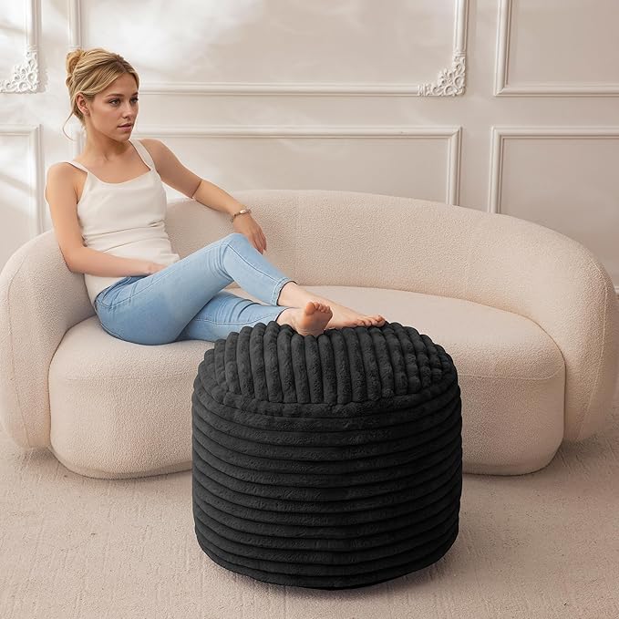 HIGOGOGO Round Stuffed Pouf Ottoman, Stripe Faux Fur Poufs with Foam Chunk Filling, Furry and Fluffy Pouf Foot Stool Storage Ottoman, 26 X 18 Floor Poufs Foot Rest for Living Room, Black