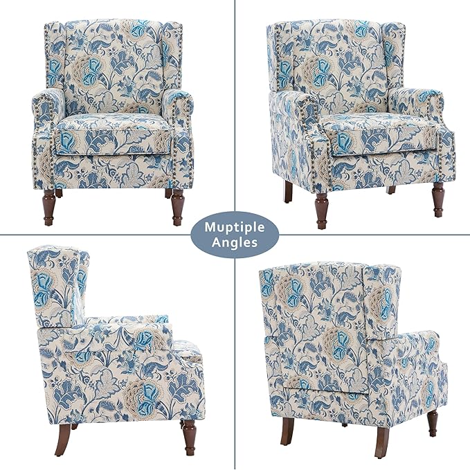 Lumibee High Back Accent Chair, Armchair in Fabric,Comfy Upholstered Wingback Single Sofa Reading Chair with Solid Wood Legs for Living Room,Bedroom,Office-Boho Blue