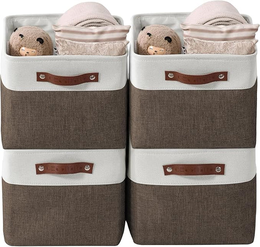 DECOMOMO Storage Bins Fabric Storage Baskets for Shelves, Linen Closet Organization Toys Nursery (Brown and White, Large - 4 Pack)