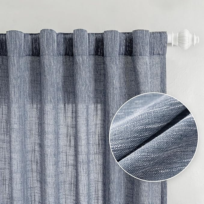 MYSKY HOME Blue Curtains for Bedroom 63 Inches Long Semi Sheer Light Filtering Drapes for Small Window Linen Look Textured Boho Home Decor Backdrop Curtain for Party, 50" x 63", Dusty Blue, 2 Panels